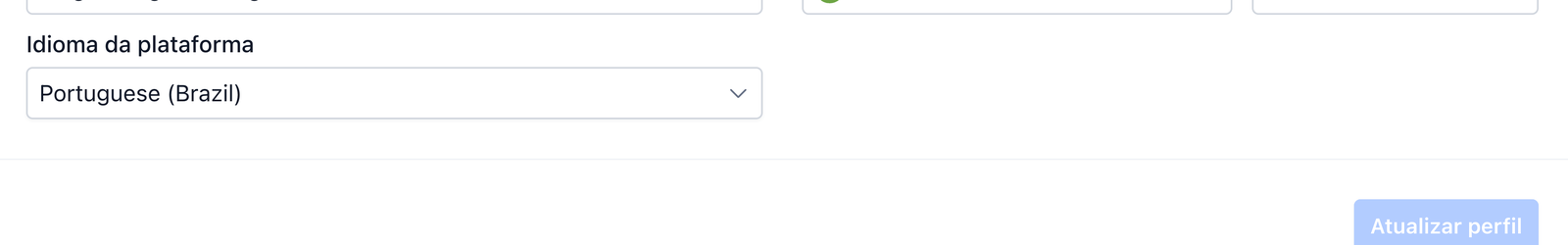 Campo Idioma da plataforma no perfil, com o botão Atualizar perfil no canto direito