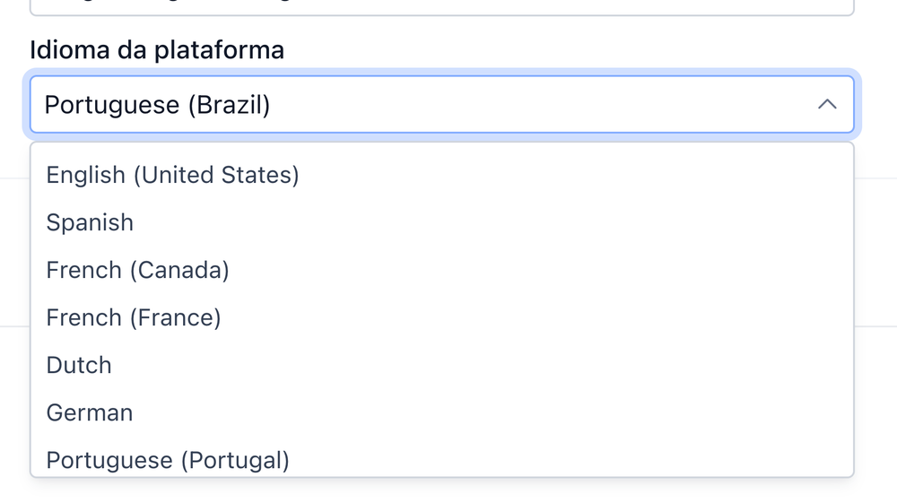 Lista de idiomas aberta mostrando English, Spanish, French, Dutch, German e Portuguese