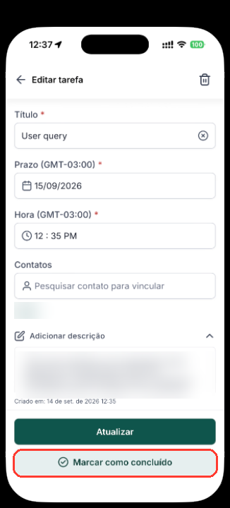 Tela Editar tarefa com o botão Marcar como concluído circulado