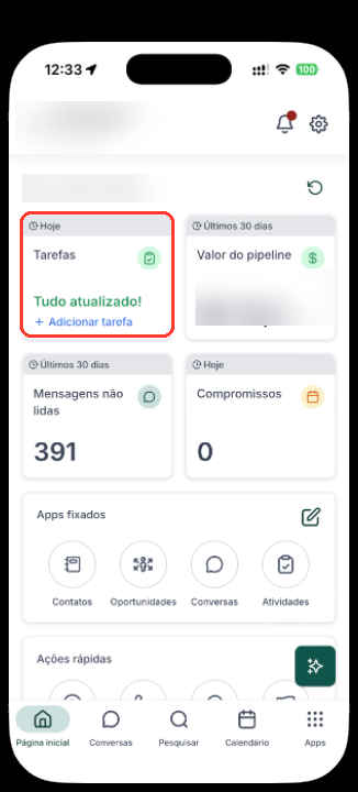 Cartão Tarefas da tela inicial mostrando Tudo atualizado